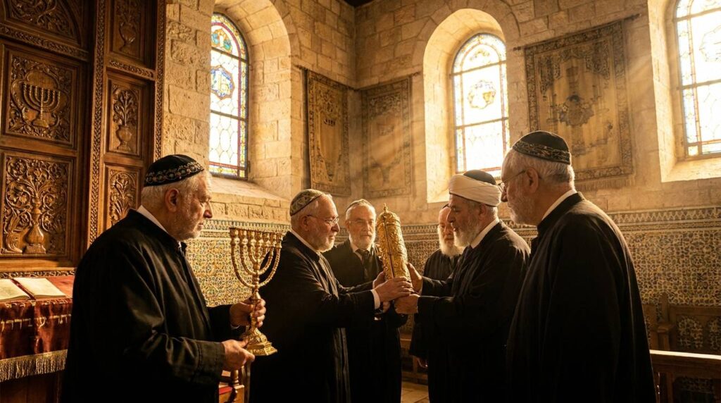 Dignitaries in traditional Jewish attire present gifts inside ancient synagogue.