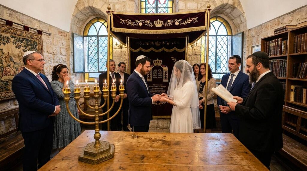 Jewish couple exchanges rings under a chuppah in a synagogue.
