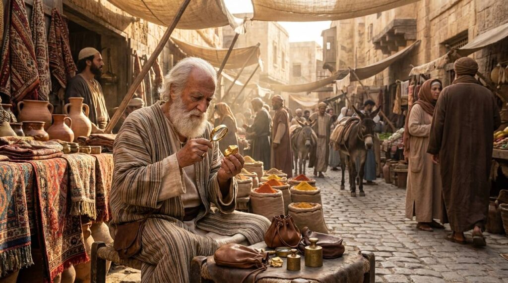 Elderly man in robes inspects gold in bustling Middle Eastern market.