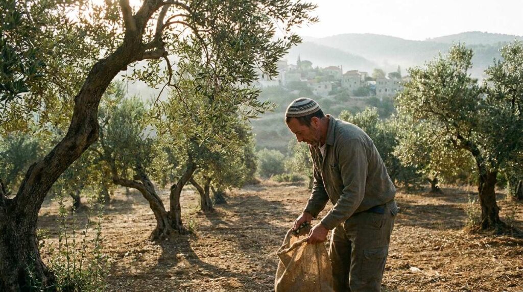 Sunrise illuminating olive groves with a figure harvesting in Israel.