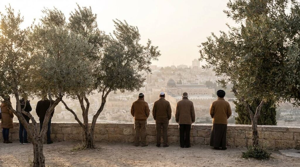 Early morning view from Mount of Olives overlooking Jerusalem, with observers.