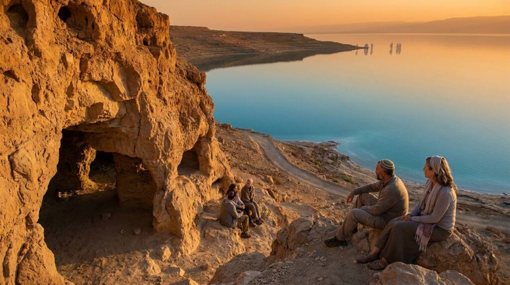 Visitors near Qumran Caves at sunset, one wearing a kippah.