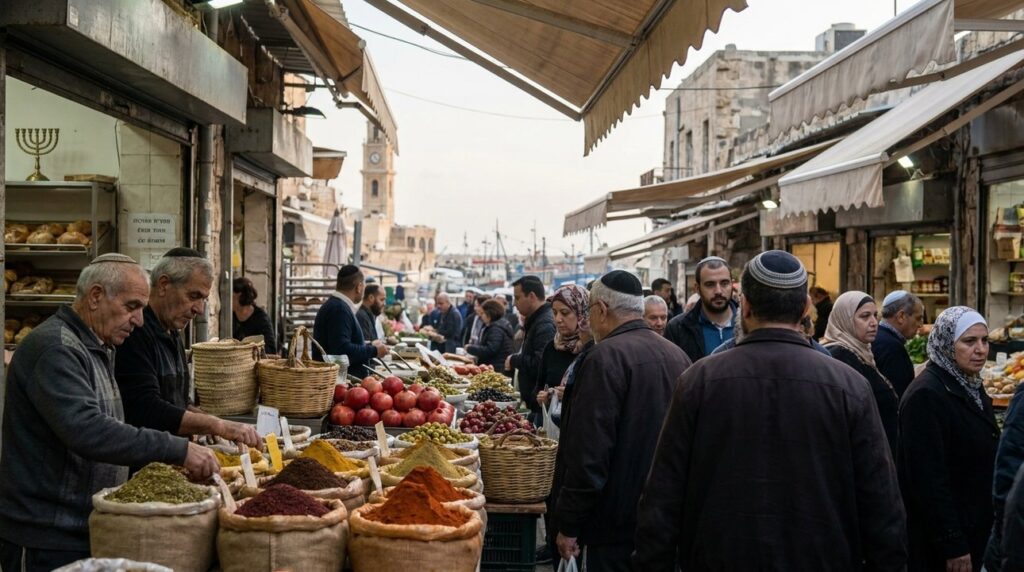 Carmel Market scene with vendors, menorahs, and people in kipas.