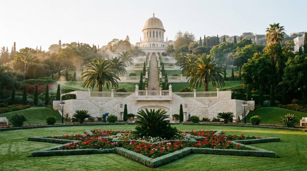 Morning view of Bahá'í Gardens in Haifa with vibrant greenery.