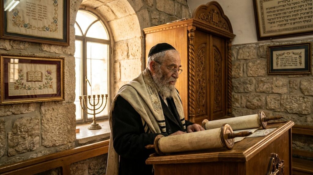 Elderly Jewish man reads Torah in sunlit Jerusalem synagogue.