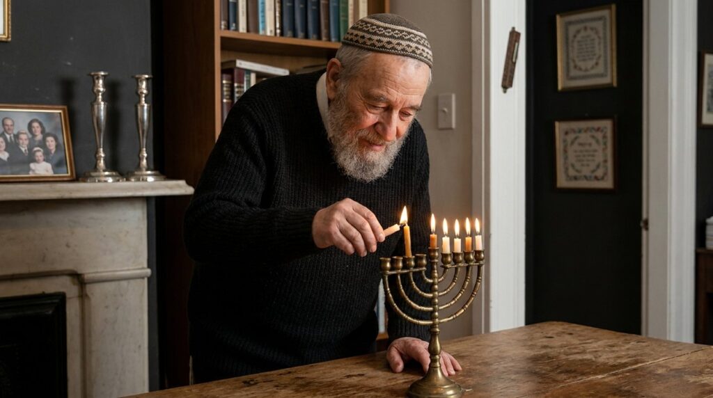 Elderly Jewish man lighting menorah, Shabbat candles in background.