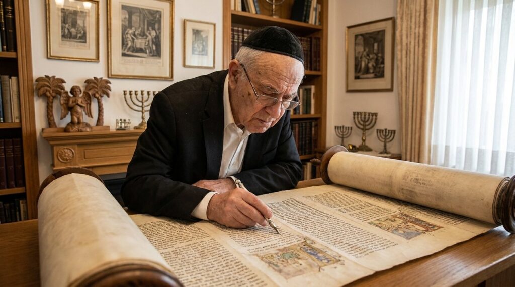 Elderly Jewish man studying ancient scroll in a room with Judaica art.