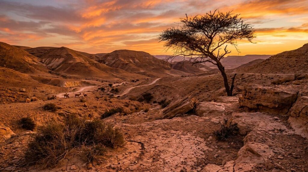 Sunset over the Negev Desert with textured terrain and warm sky.