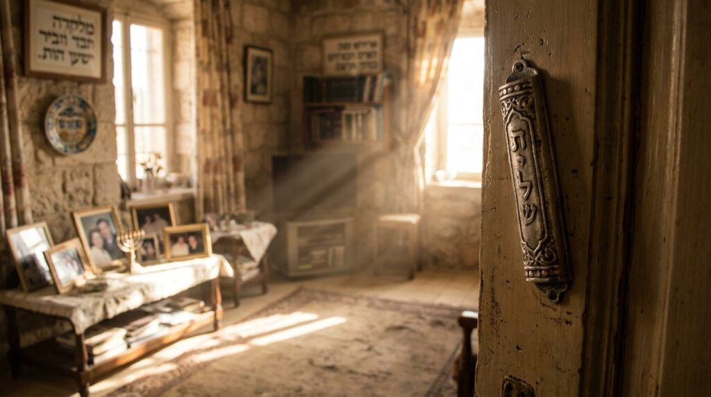 Mezuzah on doorpost with soft light and Judaica art background.