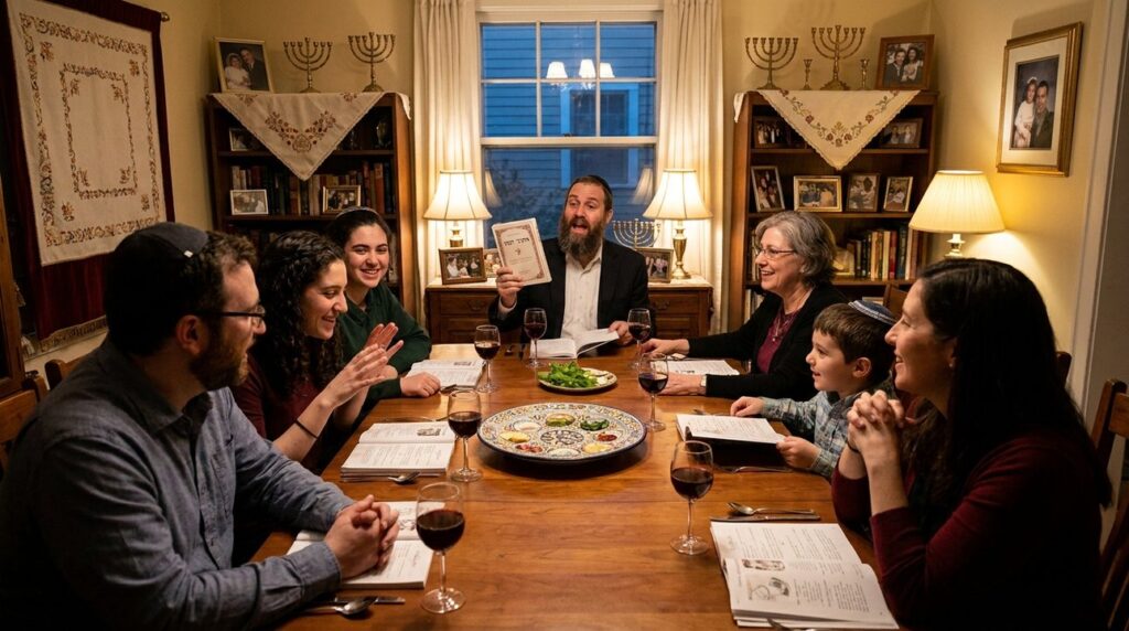 Family discusses Exodus at Seder table with traditional Jewish decorations.