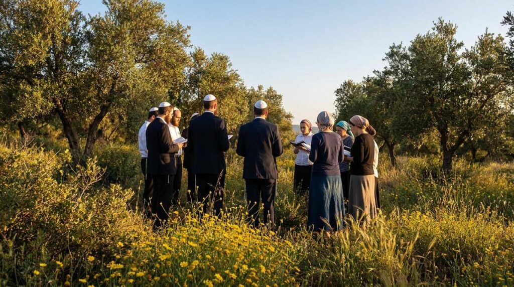 Jewish pilgrims in traditional attire pray at sunrise on Mount Tabor.
