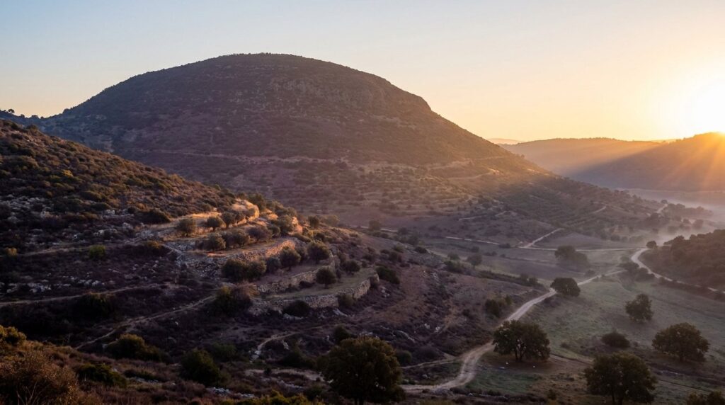 Sunrise over Mount Tabor with long shadows and golden light.
