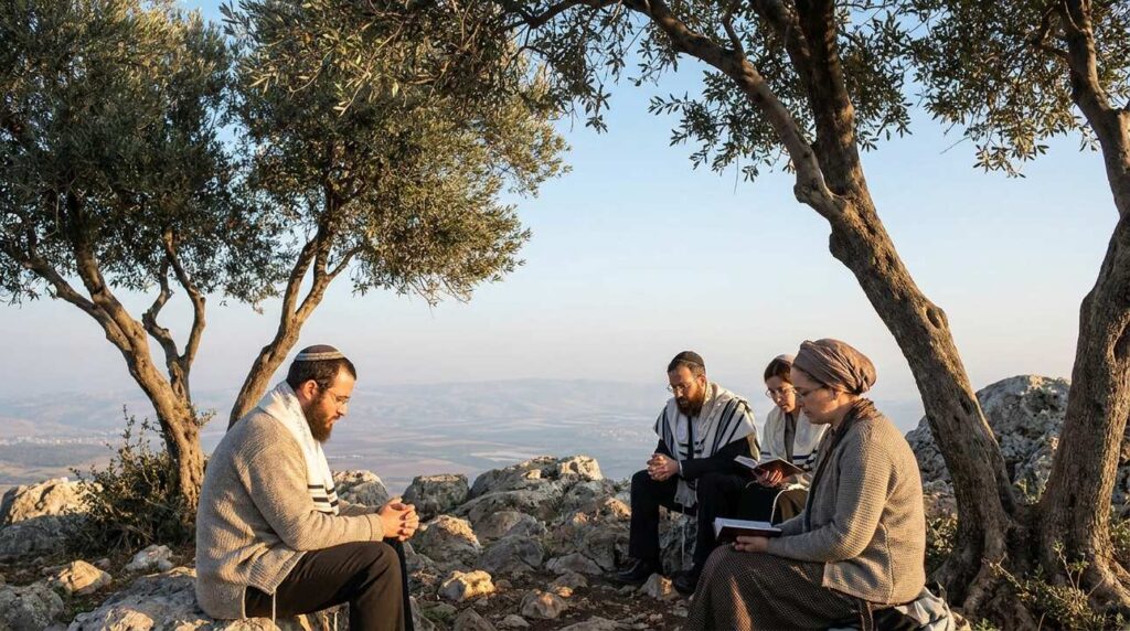 Jewish pilgrims in traditional attire praying on Mount Tabor at dawn.