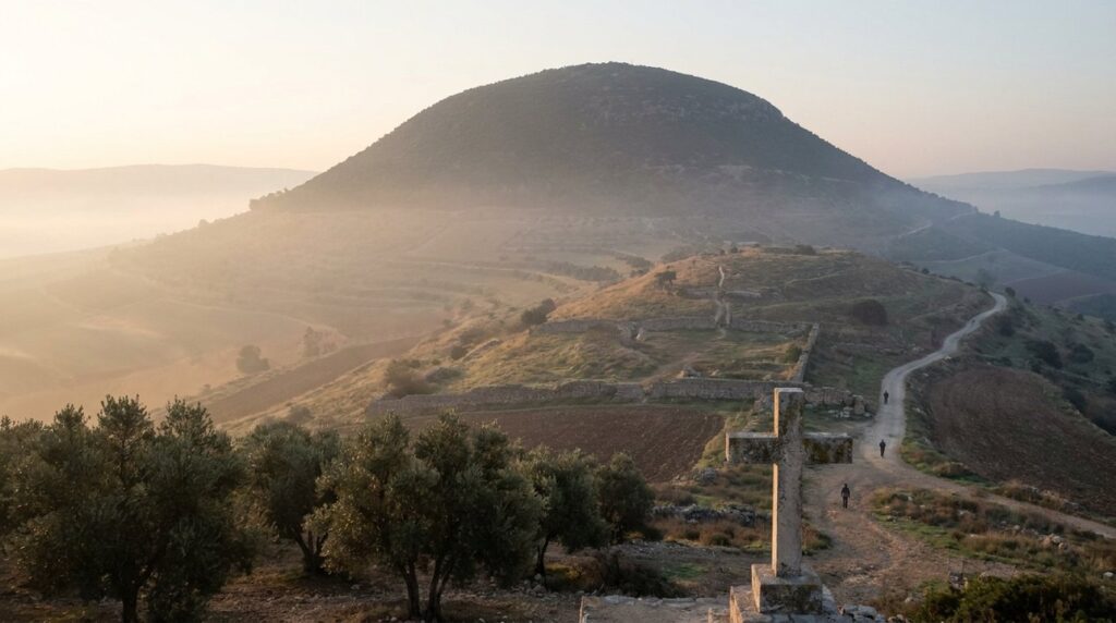 Sunrise illuminates Mount Tabor, highlighting its shape and surrounding landscape.
