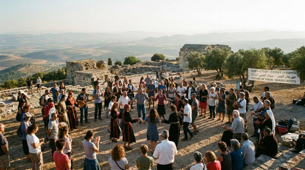 Diverse crowd enjoying festival activities on Mount Tabor at sunset.