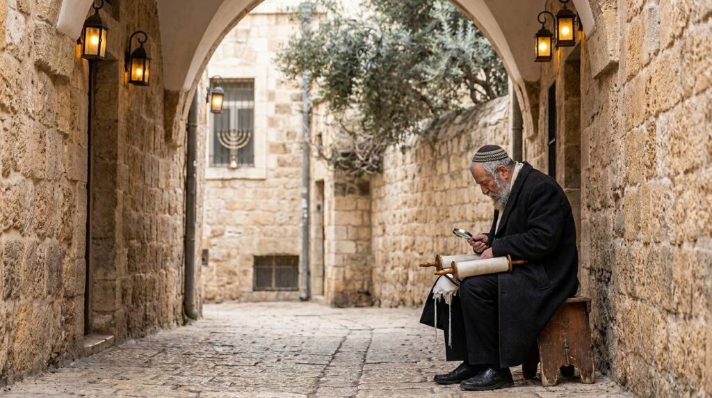 Elderly man in Jewish attire reads Torah in Jerusalem alley.