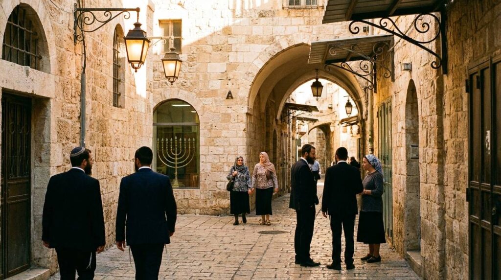 Cobblestone street in Jerusalem with people in traditional Jewish attire.