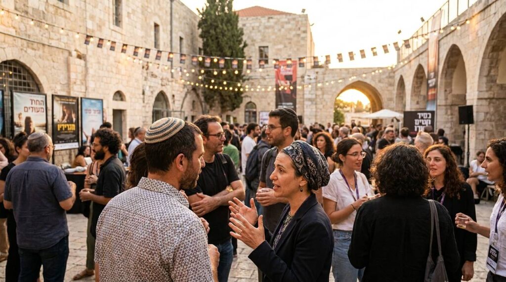 Diverse attendees discuss films at Jerusalem Film Festival at dusk.