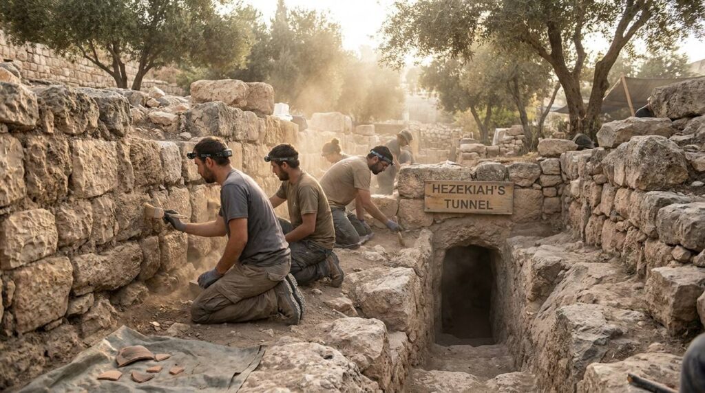 Archaeologists excavating ancient ruins at the City of David in morning light.