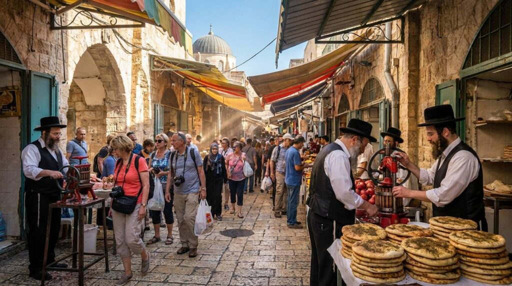 Jerusalem street market with vendors selling pomegranate juice and breads.