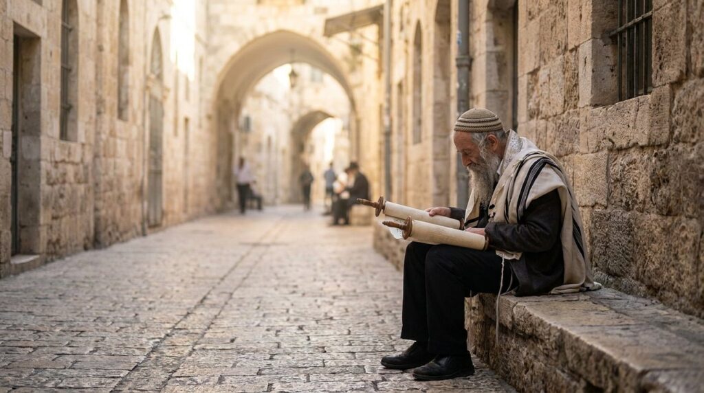 Elderly man in kippah reads Torah in Jerusalem at sunrise.