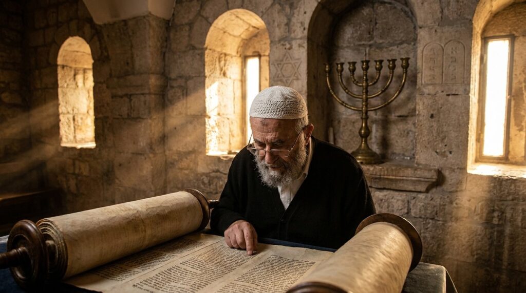 Elderly Jewish man reads Torah in ancient Jerusalem synagogue.
