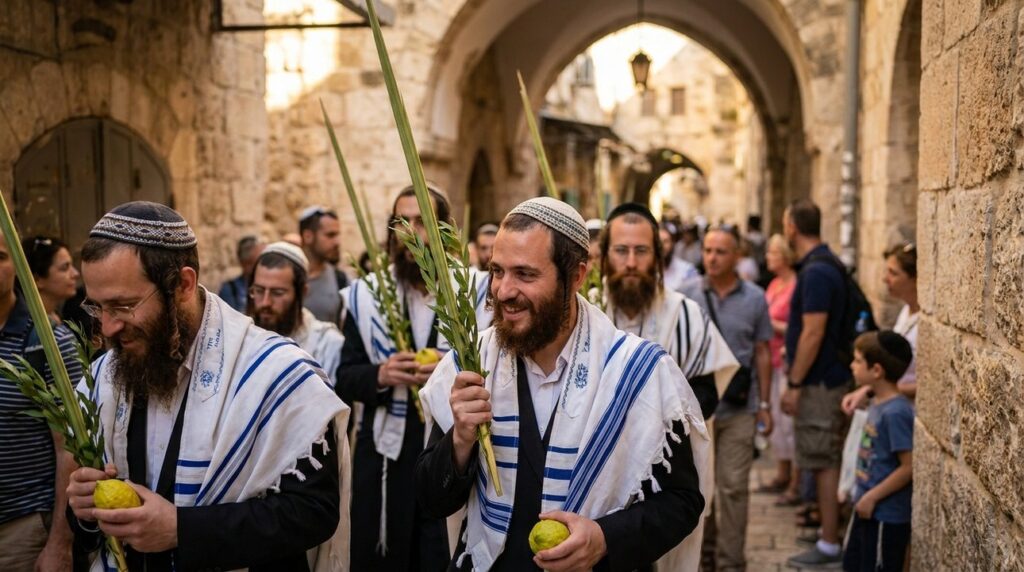Jewish pilgrims with lulavs and etrogs in Jerusalem during Sukkot.