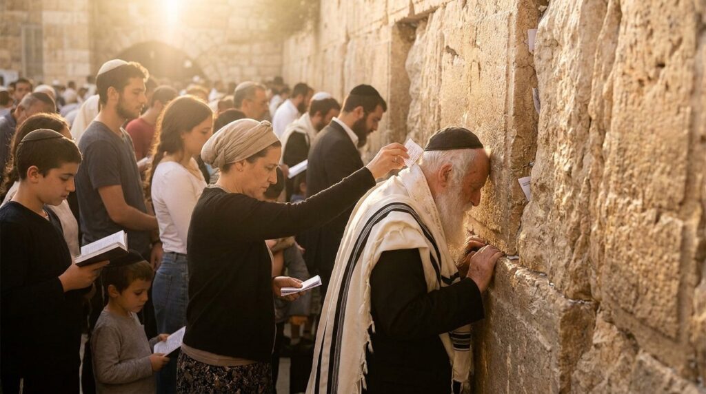 Pilgrims of varying ages pray at the Western Wall at sunrise.