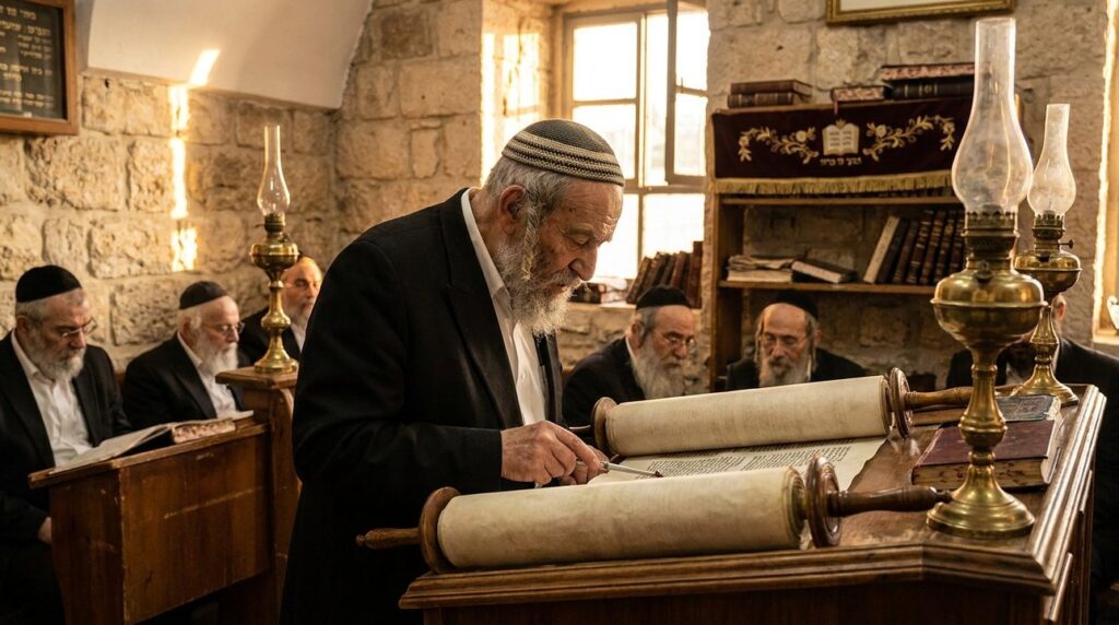 Elderly Jewish man reads Torah in warmly lit Jerusalem synagogue.