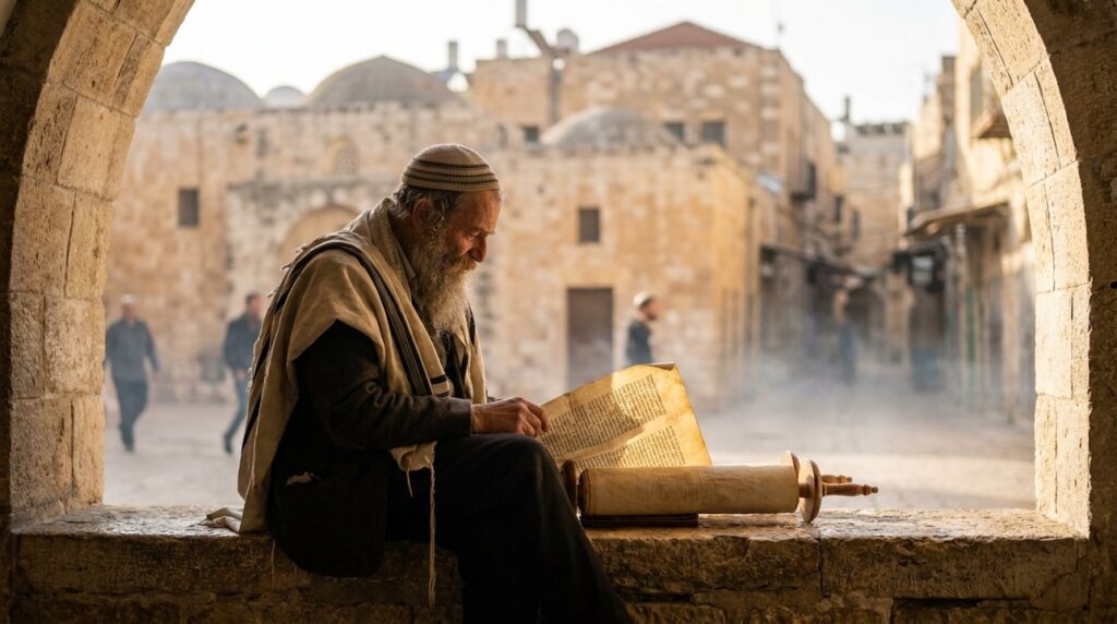 Elderly man in kippa reading Torah at dawn in Jerusalem.