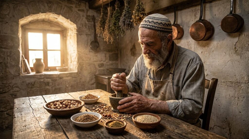 Elderly Jewish man in kippah preparing dukkah in a rustic kitchen.