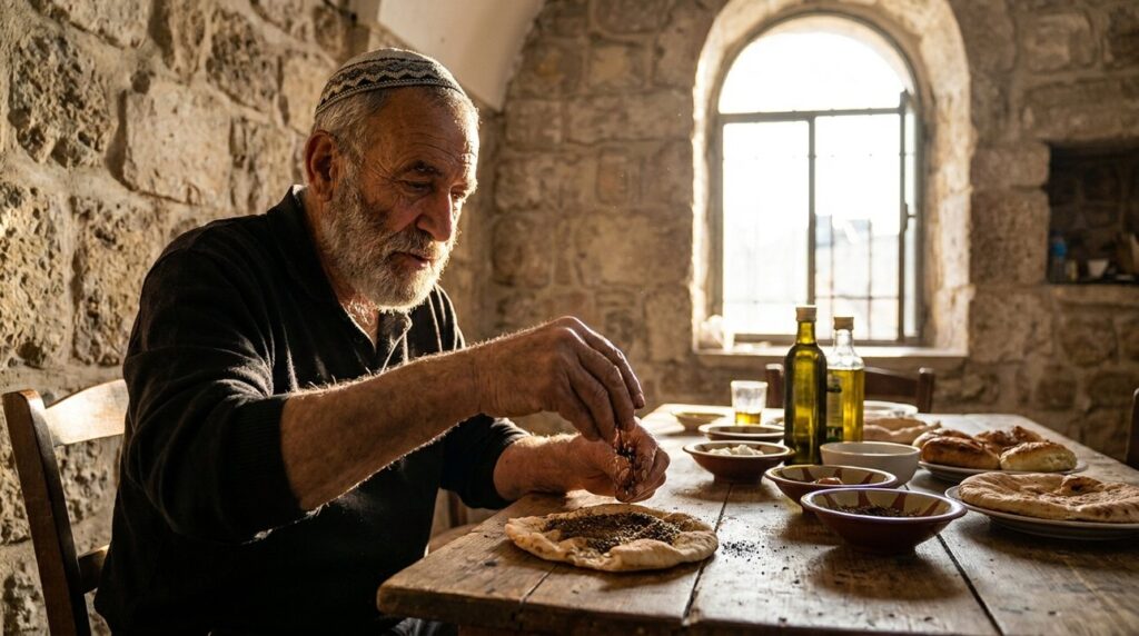 Elderly Jewish man sprinkling dukkah on bread at wooden table.