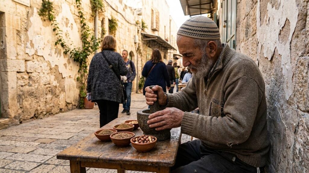 Elderly Jewish man in kipa preparing dukkah in Jerusalem alley.