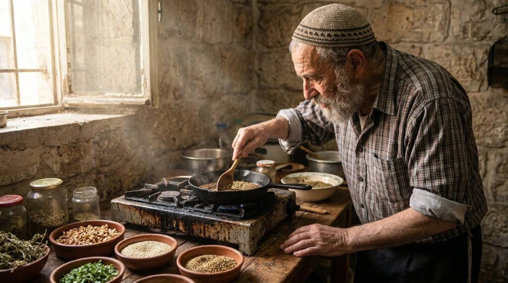 Elderly Jewish man toasting spices in a traditional Jerusalem kitchen.
