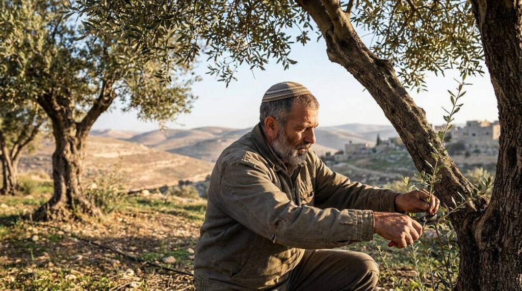 Middle-aged Jewish man tending olive trees in morning light.
