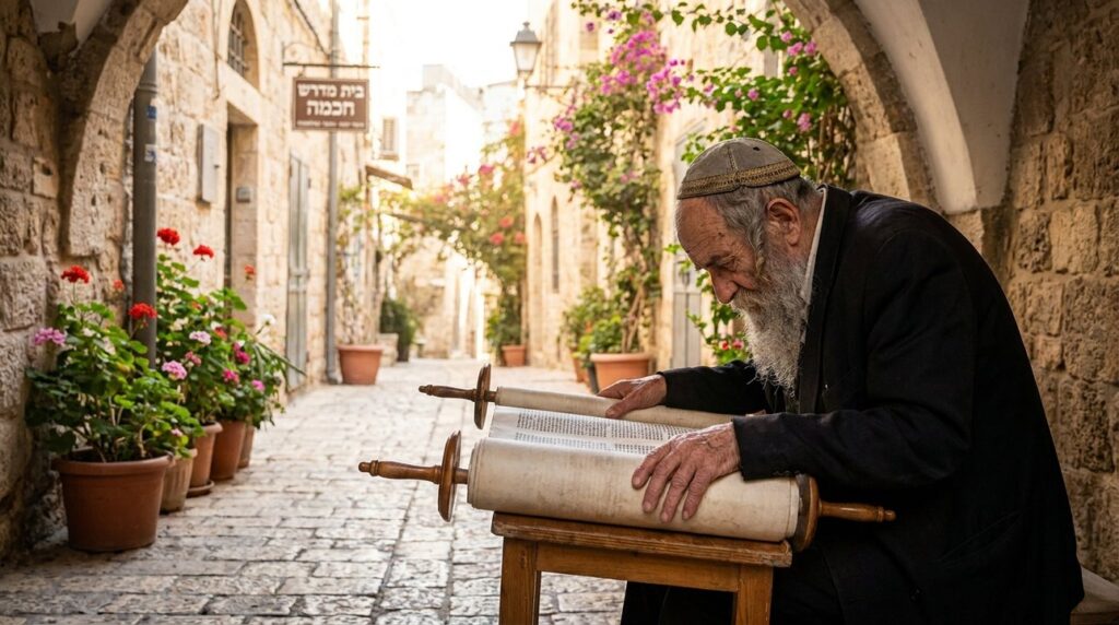 Elderly man reading Torah in a Jerusalem alley with plants.
