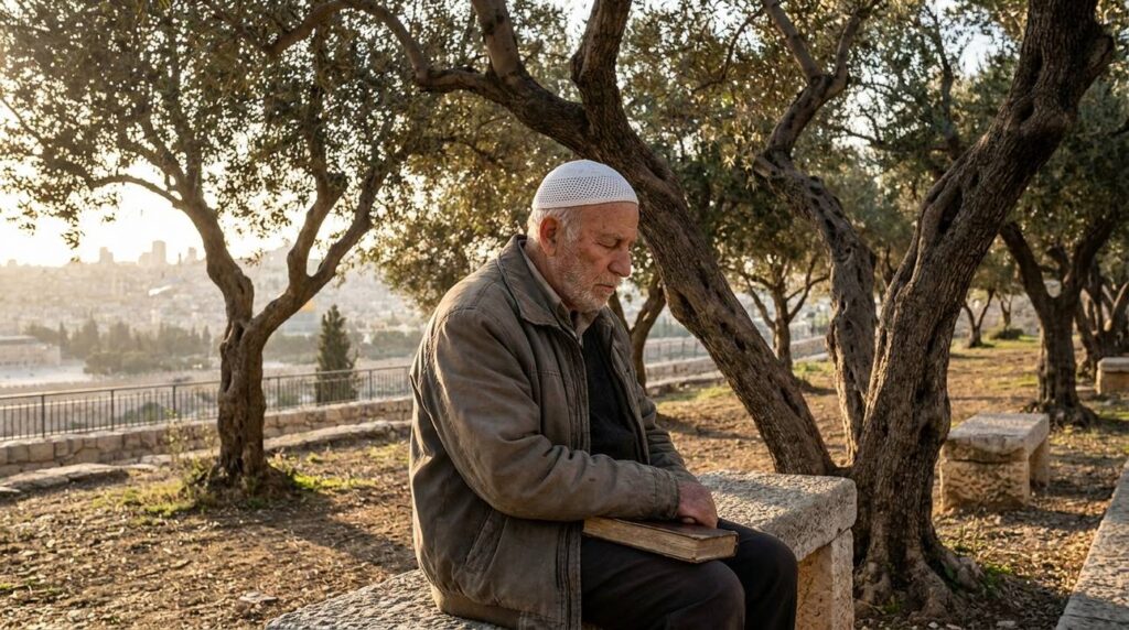 Elderly man with kipa sitting contemplatively in an olive grove.