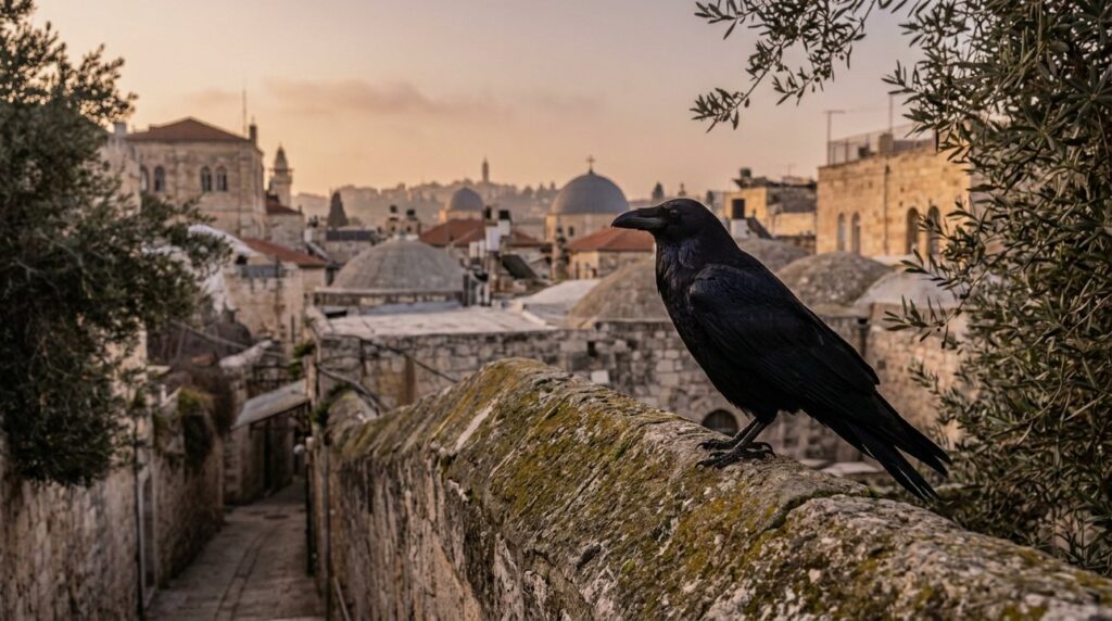 Raven perched on stone wall overlooking Jerusalem at dawn.