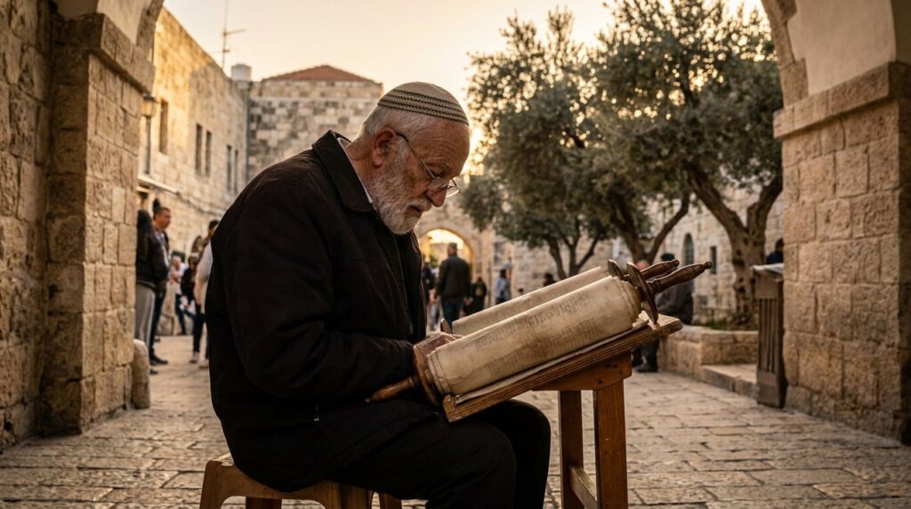 Elderly Jewish man reading Torah in a cobblestoned alley in Jerusalem.