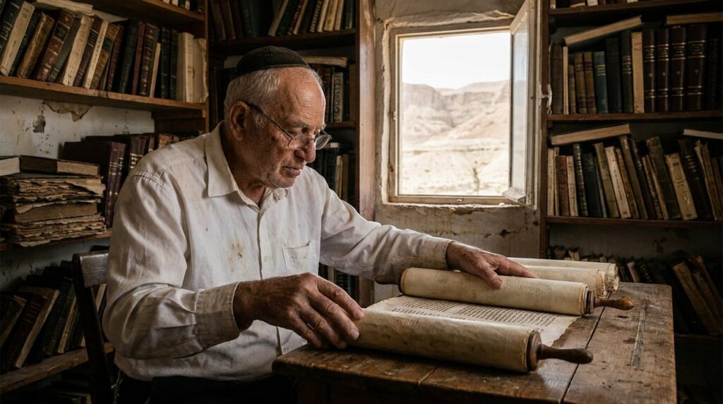 Elderly Jewish man examines ancient scrolls at a wooden table.