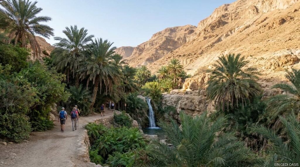 Ein Gedi oasis with lush greenery surrounded by arid desert.