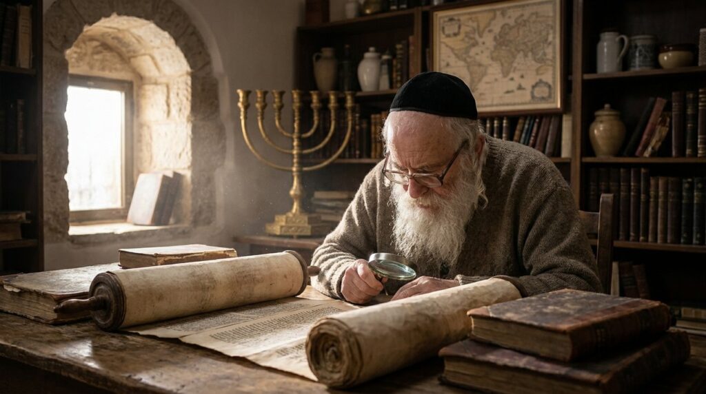 Elderly Jewish scholar studying ancient scrolls in a dimly lit study.