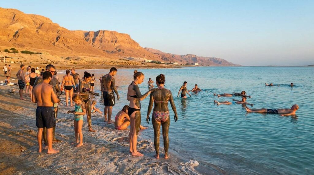 Diverse visitors at Dead Sea, applying mud and floating, sunrise.