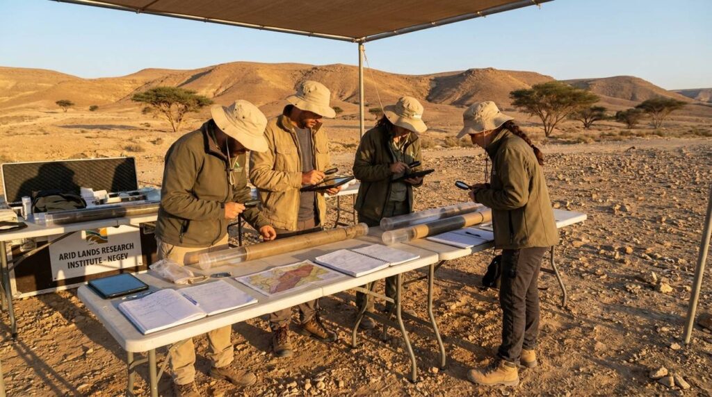 Scientists in desert examining sediment cores with tools at sunset.