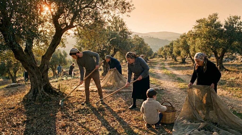 People of varying ages harvesting olives in an Israeli grove at sunset.