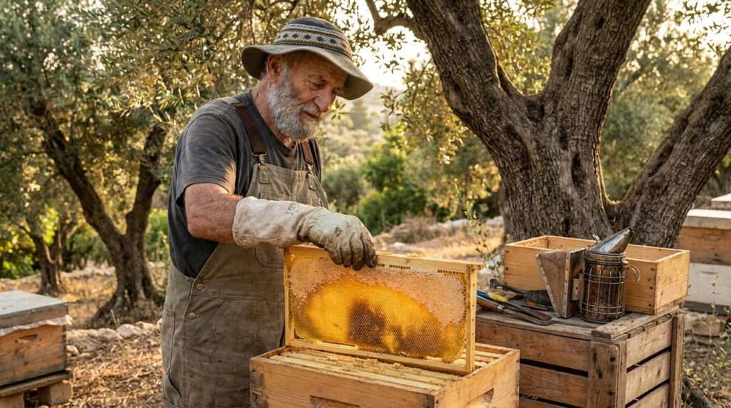 Elderly Israeli beekeeper in kippah tending beehives in olive grove.
