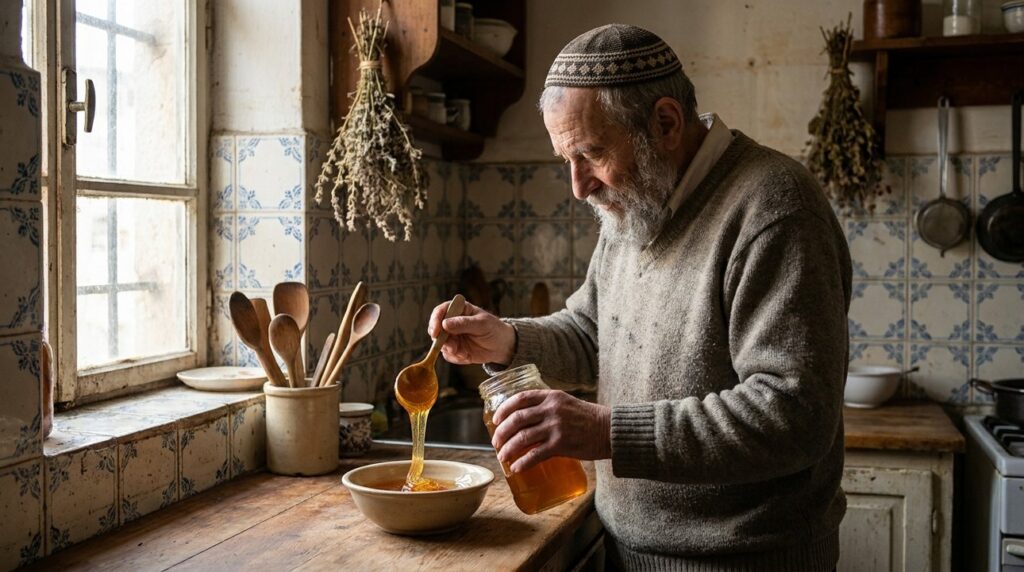 Elderly Jewish man in kippah spooning honey in rustic kitchen.