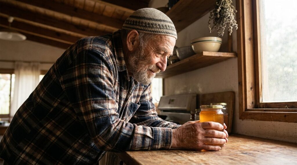 Elder Jewish man in kippah holding honey jar in rustic kitchen.