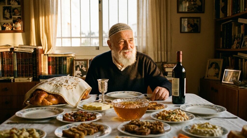 Elderly Jewish man at Shabbat table with challah, wine, and honey.