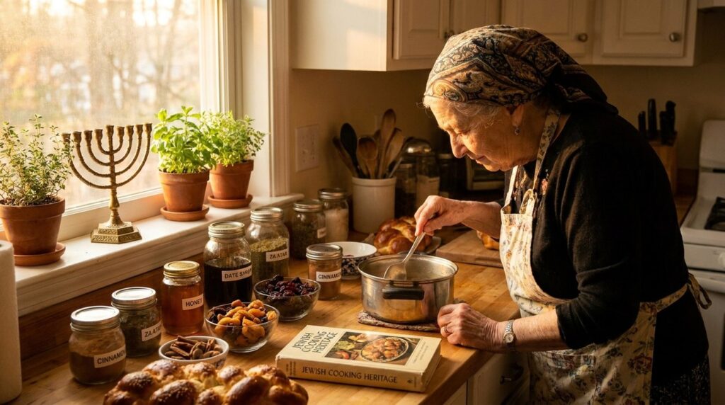 Elderly Jewish woman in traditional attire preparing meal in kitchen.